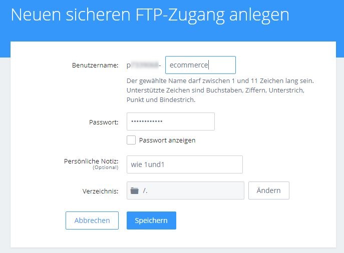 Screenshot einen neuen sicheren FTP-Zugang anlegen